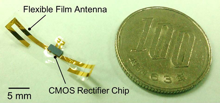 Fabricated wireless power transmission device with a flexible antenna and a CMOS rectifier chip (97% of the flexible device area is composed of a flexible film of thickness 10 μm)
