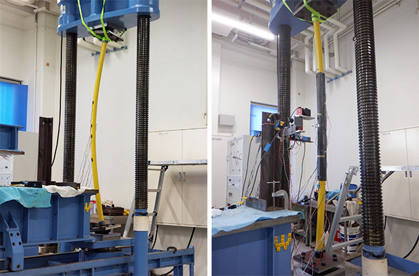 Compression tests of structural pipe member without strengthening (left) and with unbonded CFRP strengthening (right).