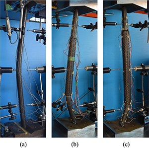 Failure mode of specimens under axial compression: (a) without CFRP strengthening; both (b) and (c) with CFRP-strengthened specimens.