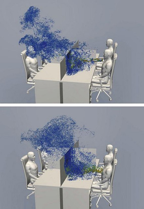 Simulation of droplet dispersal when the height of partition is 120cm (upper) and 140cm (lower)