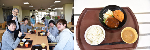 President Terashima with students eating "TUT Ale Lunch" at the university cafeteria.
