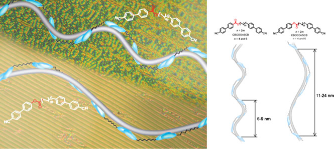 Molecular structures of the synthesized LC dimers and images of the resultant helical nanostructures with different helical pitches. 