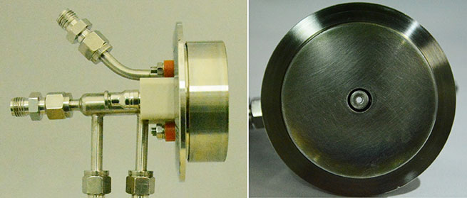 Coaxial gas injection plasma jet source. Coaxial gas injection plasma jet source with a circular nozzle for Ar plasma jet injection with a central C2H2 injection nozzle at its center (Left) side view, (right) front view.