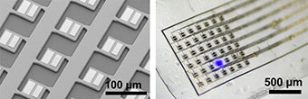 A Photo of the developed microLED array. Hollow structure of a microLED array (Left) Lighting image of an ultra-thin microLED array film (Right).