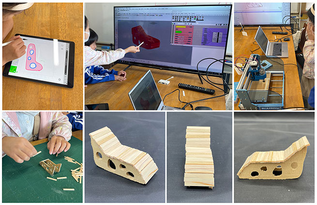 Elementary school children trying to make their original chairs using our developed tool.